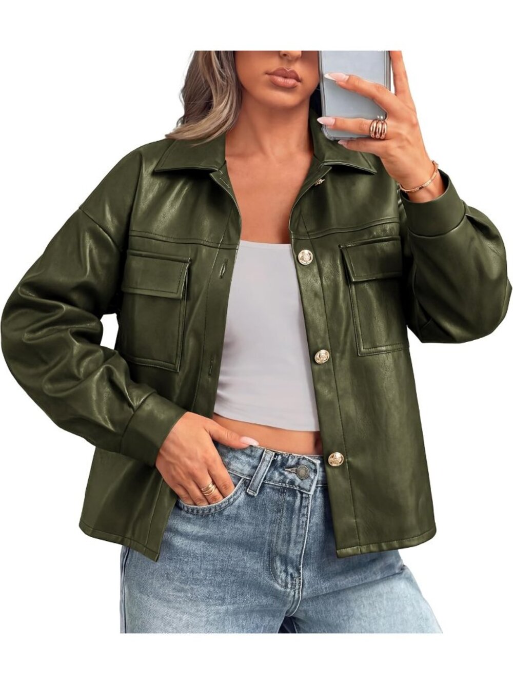 Women's Green Button Down Faux Leather Jacket Patch Pockets Motorcycle Jackets